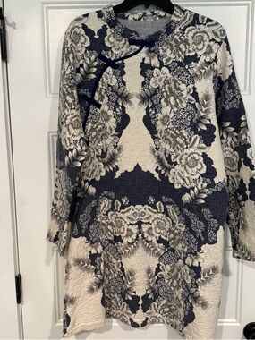 Long Sleeve Floral Print Tunic Dress - Navy & Cream